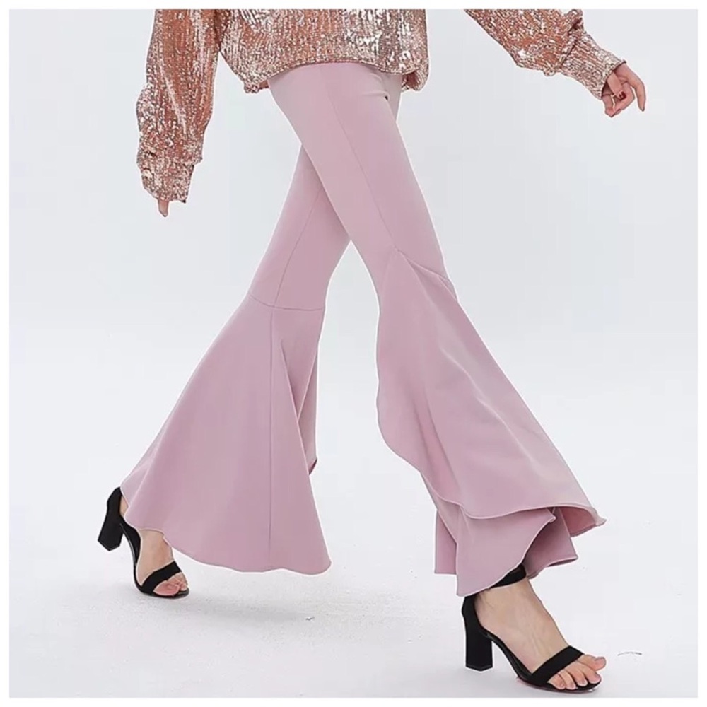Blush Pink & Black Flared Leg Dramatic Stretch Pants - Picture 5 of 7